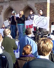 Some 300 gathered for a speakout against an antigay newspaper article published in the University of Washington campus paper
