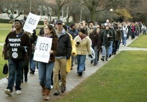 Members of the Graduate Employees Organization and supporters on the march at UIUC